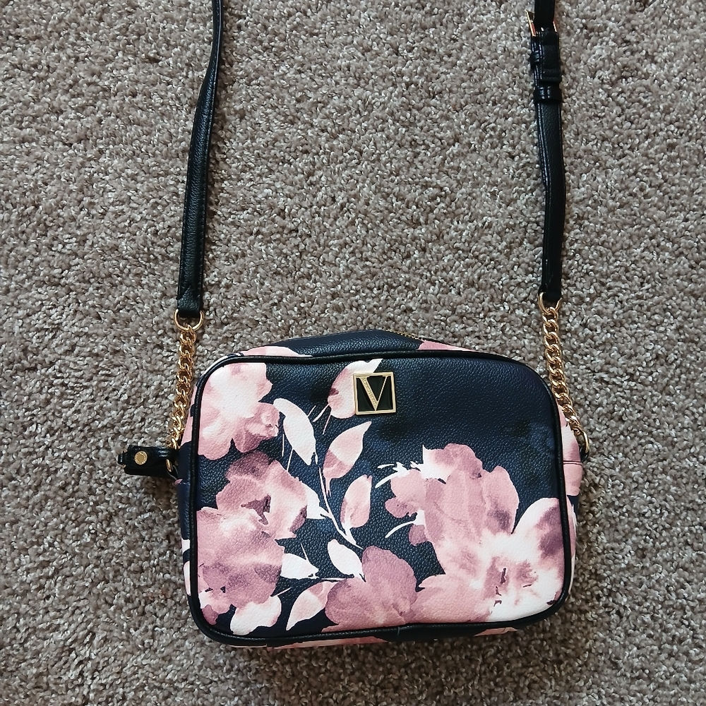 ​Victoria’s Secret Black & Pink Floral Crossbody Bag with Gold V Logo